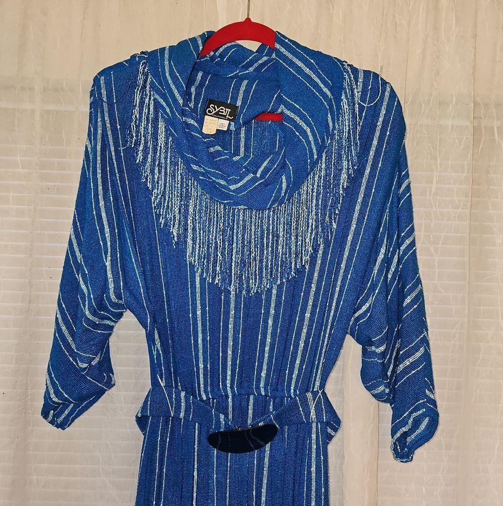 Sybil California Blue Metallic-Stripe Fringe Maxi Dress with Cowl Neck and Belt